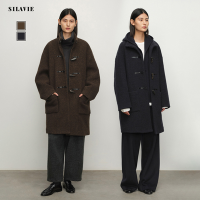 藏青色立领牛角扣大衣外套高级感