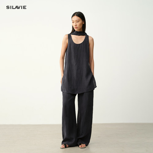 SILAVIE100%铜氨丝套装女夏宽松无袖背心上衣慵懒风阔腿薄款长裤