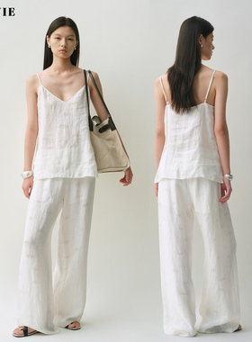 SILAVIE纯亚麻重工镂空圆提花吊带/松紧腰头长裤套装