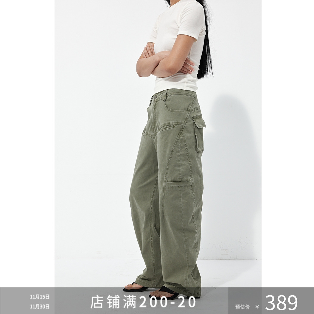 SILAVIE茜拉薇 原创侧面口袋设计复古宽松廓形中腰工装裤洗水感