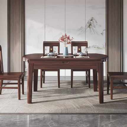 新中式乌金木实木餐桌椅组合伸缩折叠家用圆形吃饭桌子两用圆桌