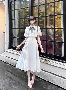日系rojita连衣裙短袖女士斗篷网纱大蝴蝶结蕾丝花边气质拼接长裙