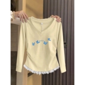 收腰内搭打底衫 欧货黄色下摆蕾丝边拼接v领长袖 T恤女秋冬季 上衣潮