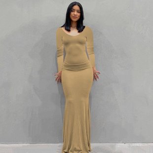 2022卡戴珊skims欧美跨境女装连衣长裙 休闲修身长袖居家连衣裙