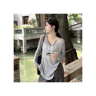 夏秋季女装新款 美式复古慵懒风宽松微透防晒长袖T恤空调罩衫