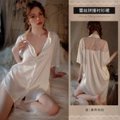 睡衣女宽松短袖 仙懿夏季 男友风衬衫 性感睡裙冰丝家居服可外穿518
