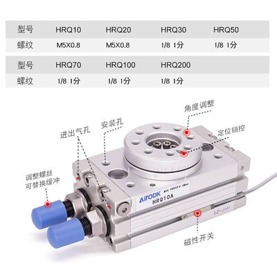 亚德客气动齿轮回转摆动旋转/气缸1HRQ2/3/7/10/2030/50A-90/80度