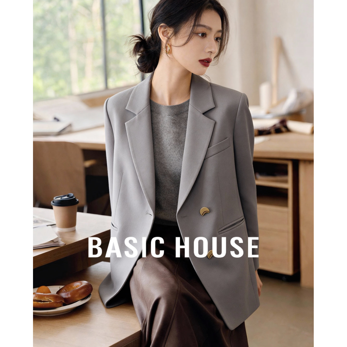 Basic House/百家好翻驳领西服外套2026新款女春气质高级宽松上衣