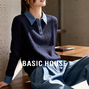 House 宽松毛衫 百家好polo牛仔领拼接针织衫 新款 上衣 女春季 Basic