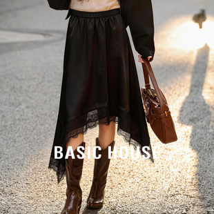 高腰A字裙 百家好黑色蕾丝拼接半身长裙女26春夏新款 Basic House