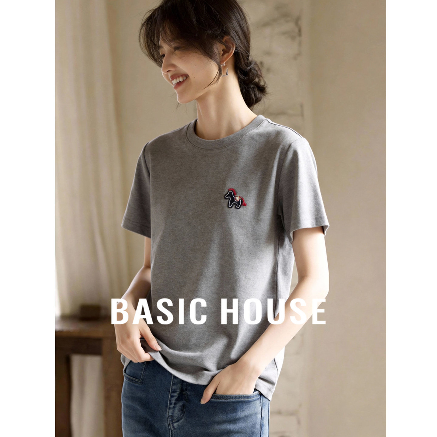 Basic House/百家好灰色短袖T恤女2026新款宽松显瘦百搭圆领上衣