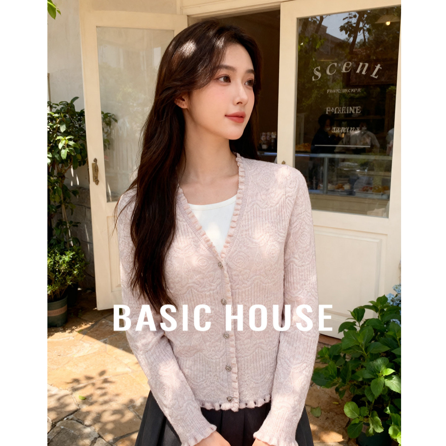Basic House/百家好拼接假两件针织衫女2026春季新款减龄开衫上衣