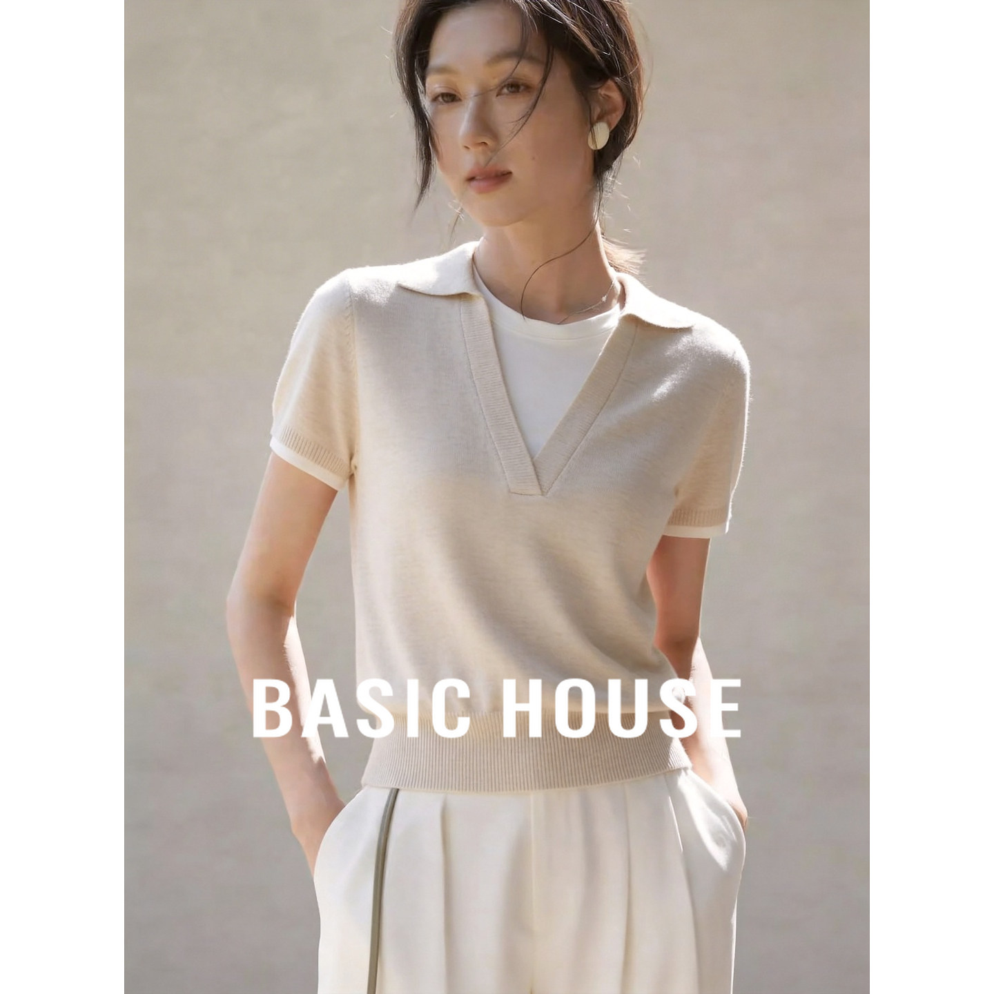 Basic House/百家好撞色假两件小翻领针织短袖女夏季薄款气质上衣