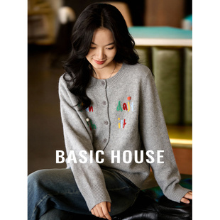 百家好灰色针织开衫女秋冬季2025新款高级感韩系短款刺绣圆领毛衣