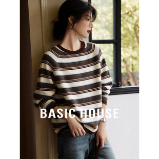 House 宽松圆领套头针织衫 百家好条纹撞色时尚 新款 百搭春季 Basic