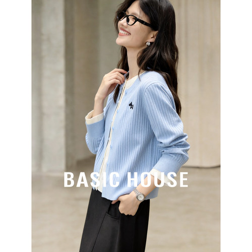 Basic House/百家好撞色坑条针织开衫女春夏新款假两件长袖上衣