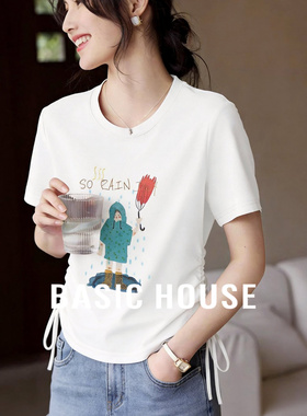 Basic House/百家好白色抽绳收腰短袖T恤夏季卡通印花百搭上衣