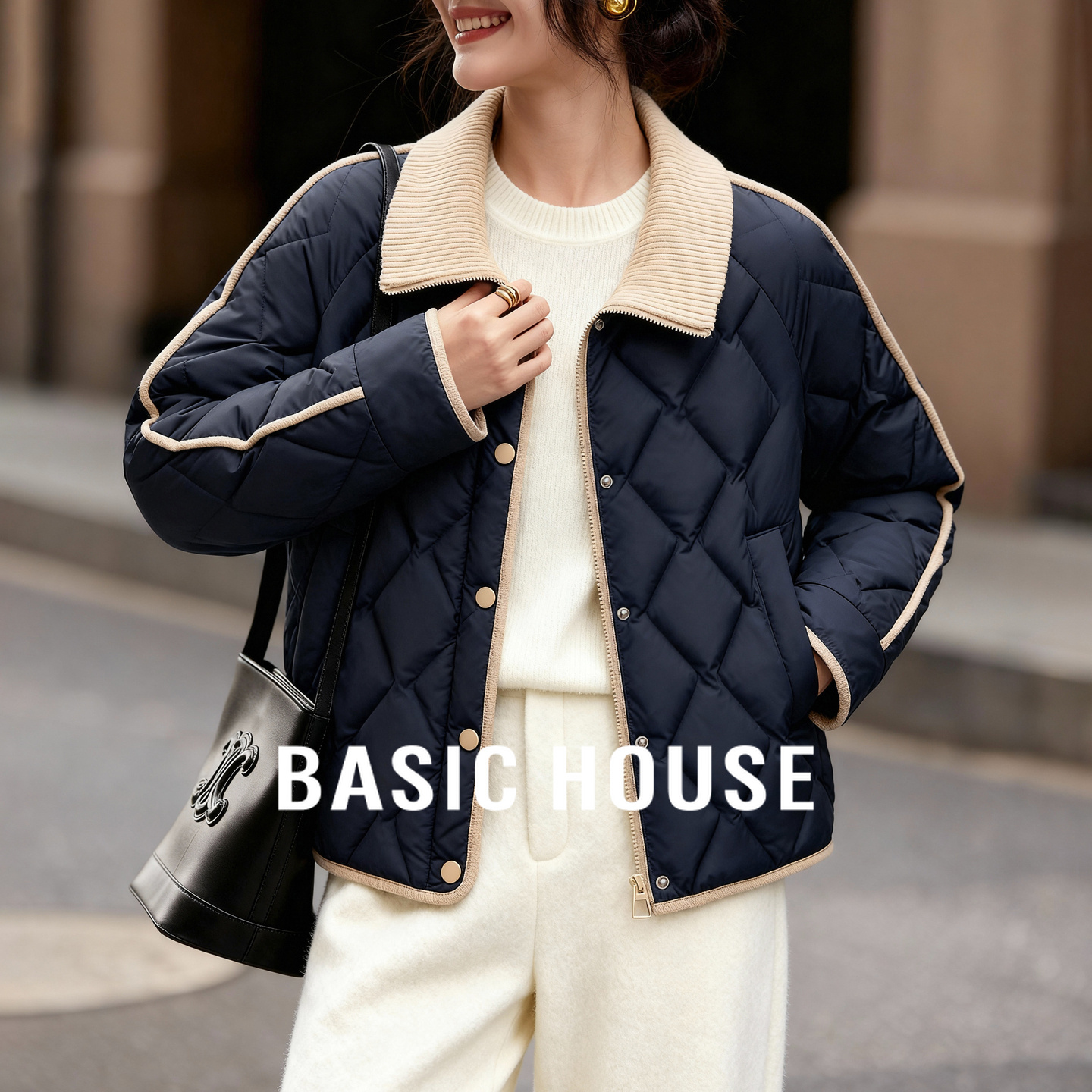 Basic House/百家好菱格短款羽绒服女冬针织翻领设计感白鸭绒外套