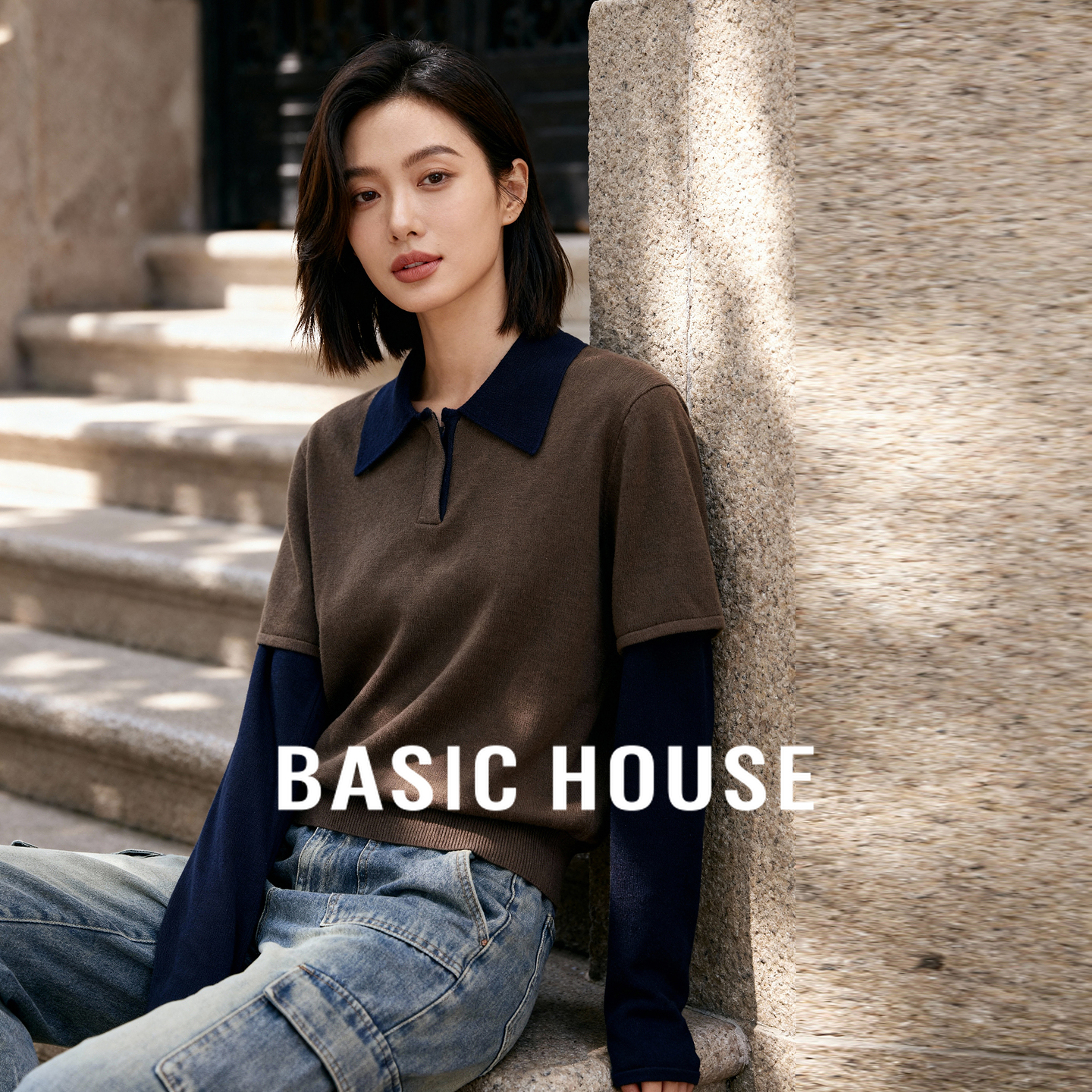 Basic House/百家好假两件翻领针织衫女撞色设计感小众长袖上衣