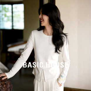 刺绣打底衫 百家好新中式 新款 T恤女士春季 国风设计感圆领上衣 长袖