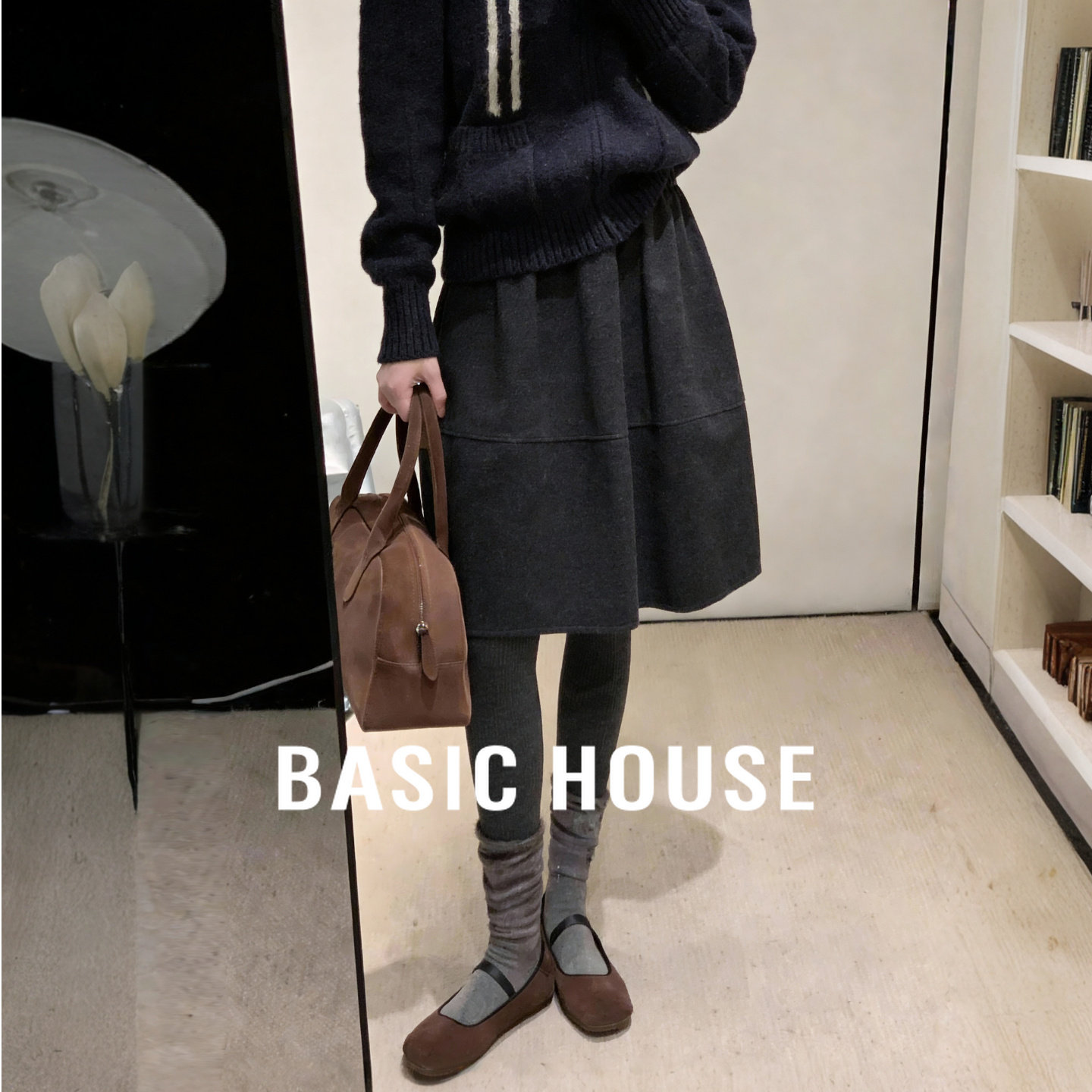 Basic House/百家好A字黑灰色毛呢半身裙冬季新款减龄宽松花苞裙,女装/女士精品,半身裙,淘宝优惠券,粉丝福利购,淘宝优惠卷