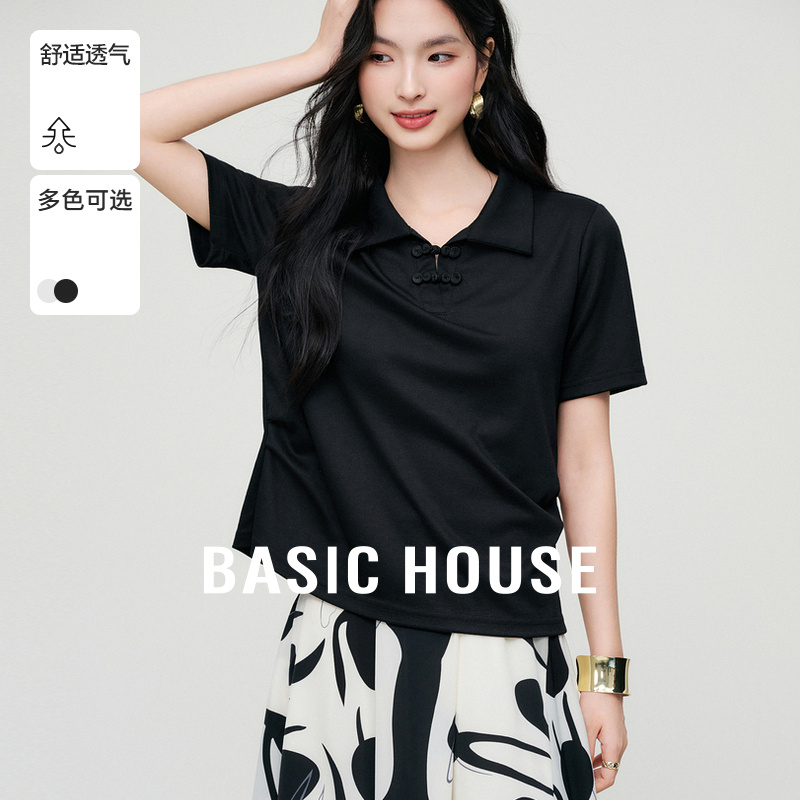 Basic House/百家好夏季新款翻领盘扣设计感简约气质短袖套头T恤