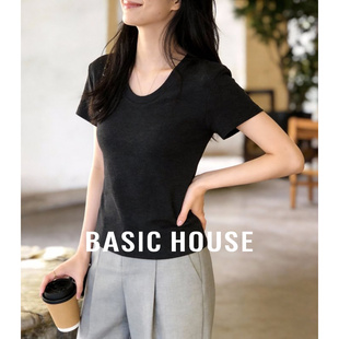 百家好黑色V领短袖T恤女春季新款修身显瘦基础款内搭外穿纯色上衣