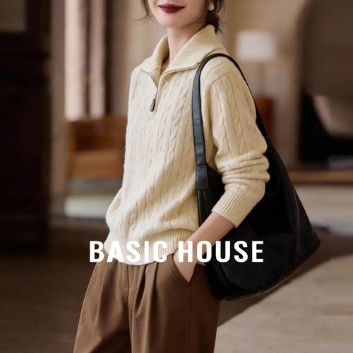 Basic House/百家好纯色毛衣女春季新款宽松绞花针织衫套头上衣