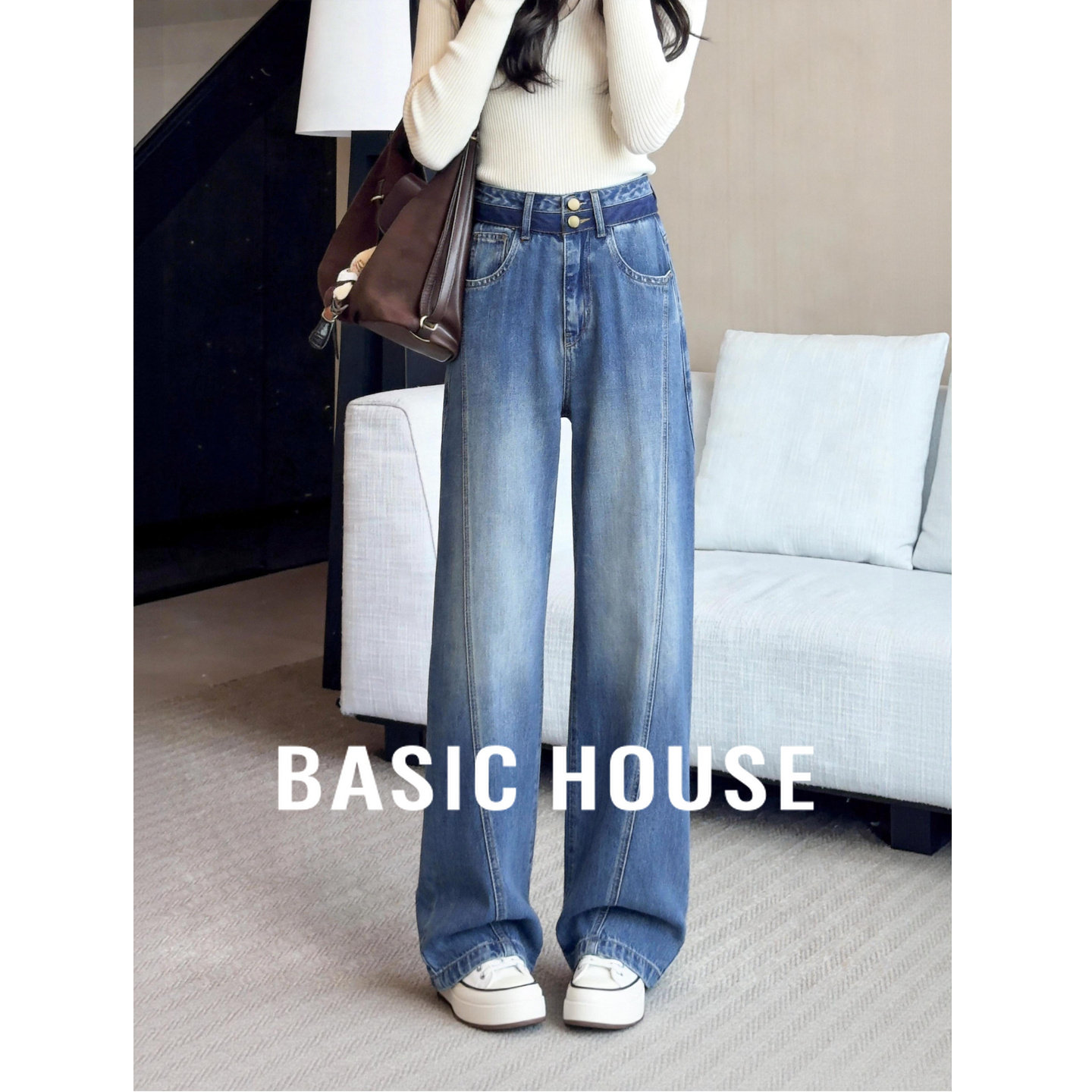Basic House/百家好复古阔腿牛仔裤女春高腰直筒显瘦垂感拖地长裤