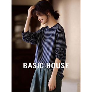 Basic House/百家好细条纹刺绣长袖T恤女春季出新款宽松内搭上衣