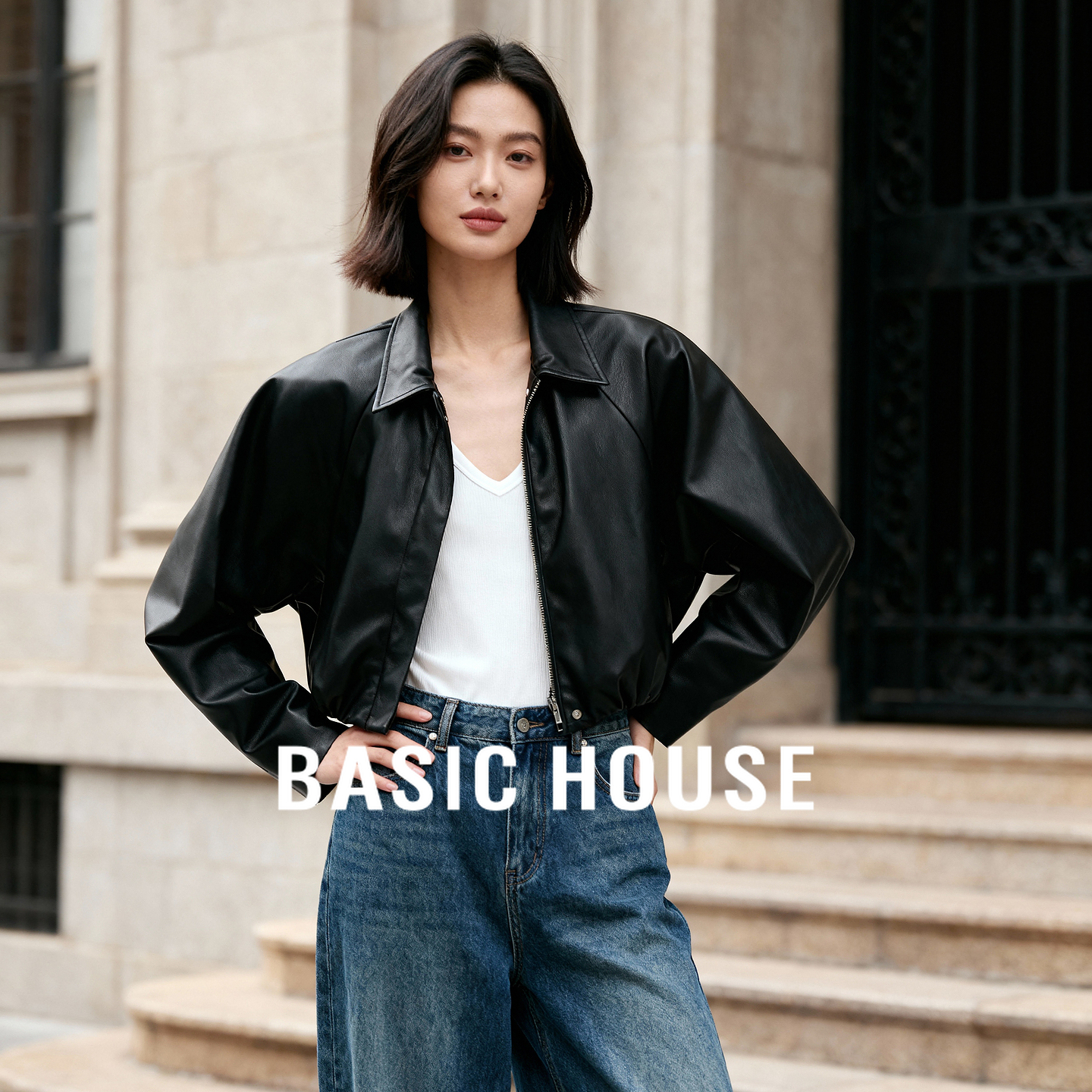 Basic House/百家好休闲短款皮衣秋季翻领复古收腰机车皮夹克外套