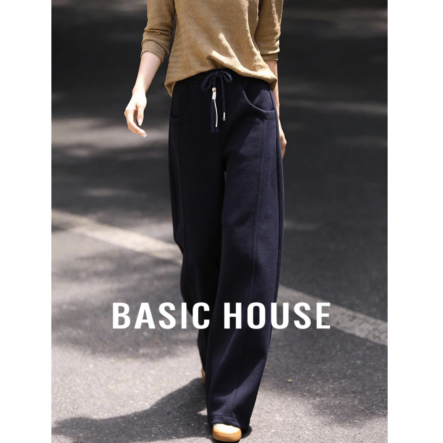 Basic House/百家好加绒藏青卫裤阔腿裤女高腰宽松显瘦休闲弯刀裤