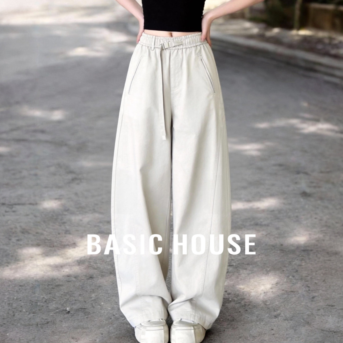 Basic House/百家好抽绳宽松直筒休闲裤春季新款慵懒风阔腿长裤