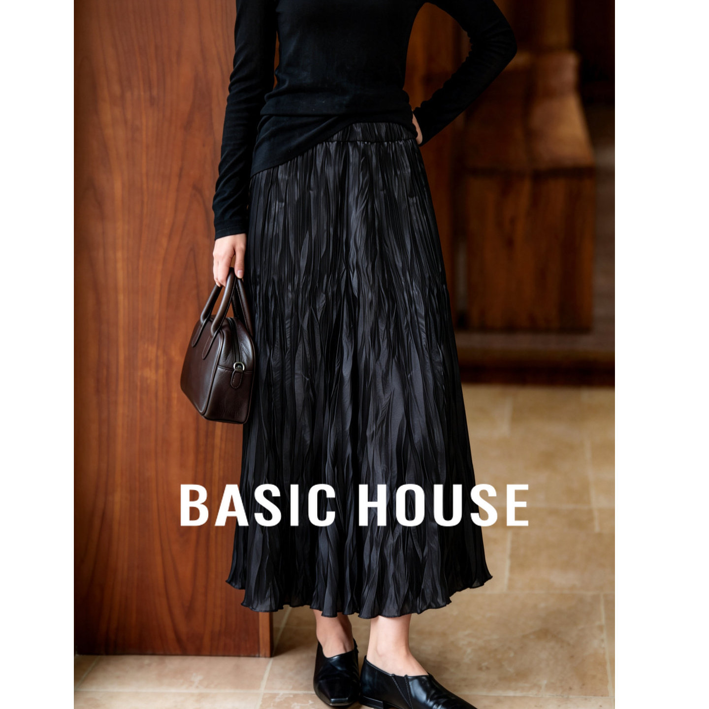 Basic House/百家好高级感压褶半身裙女松紧腰遮胯显瘦气质中长裙