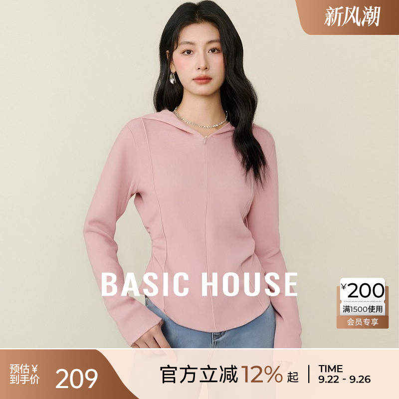 Basic House/百家好纯色休闲百搭秋季新款连帽小v领套头针织衫女