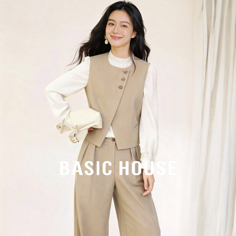 Basic House/百家好纯色花边领衬衫西装马甲阔腿裤通勤三件套春款