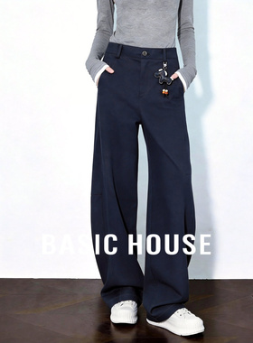 Basic House/百家好高腰阔腿裤女夏季新款藏青色镰刀裤休闲长裤