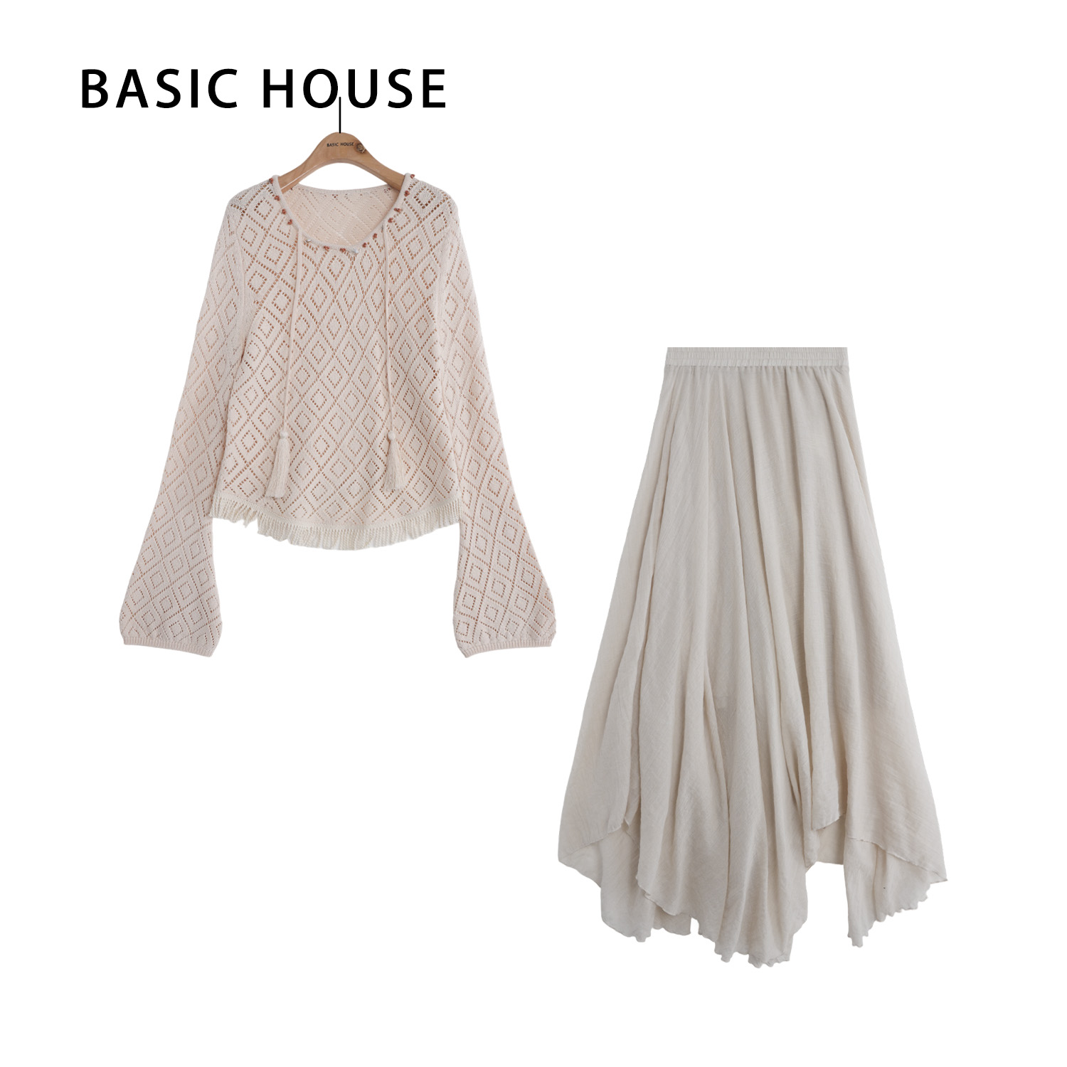 Basic House/百家好秋新款优雅气质感显瘦流苏波西米亚风套装女