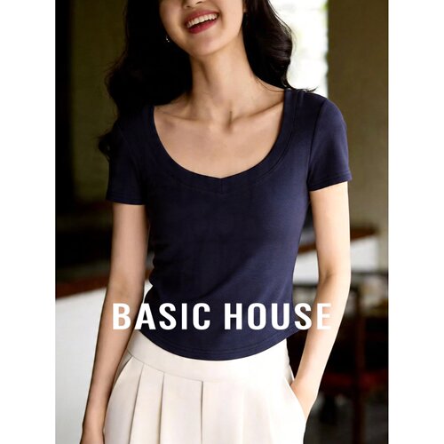 Basic House/百家好基础款正肩U领短袖T恤女天丝夏含羊毛新款上衣