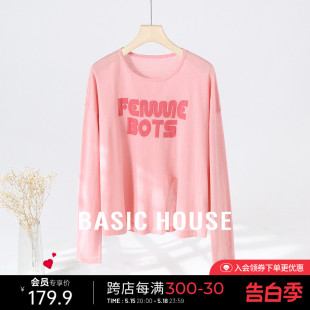 上衣 百家好字母印花开叉T恤春季 绵羊毛圆领长袖 Basic House