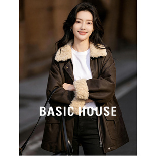 Basic House/百家好重工翻领加厚PU外套女冬季毛绒领宽松保暖上衣