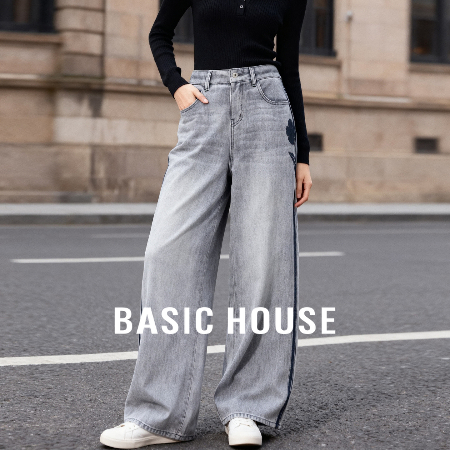 Basic House/百家好韩版撞色直筒牛仔裤水洗印花高腰长裤2025秋季