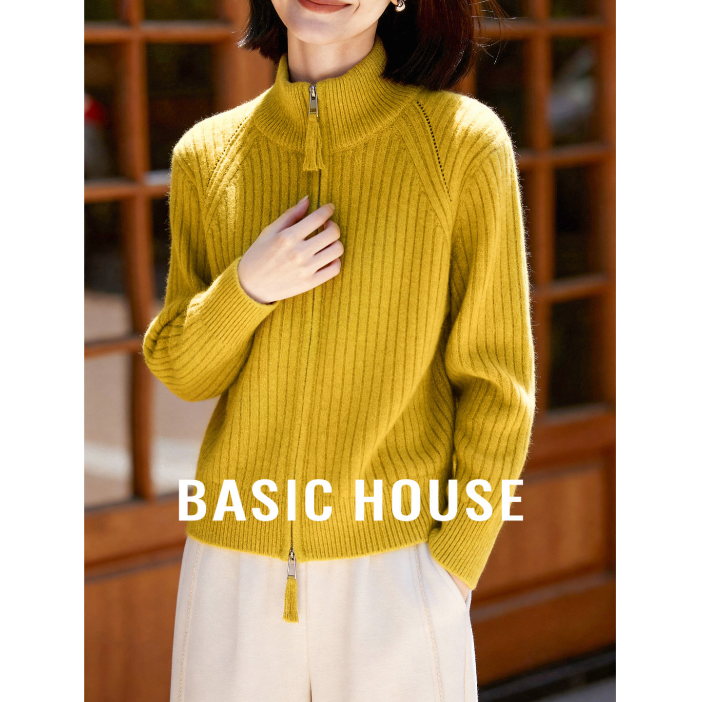 Basic House/百家好半高领拉链羊毛衫女新款坑条针织毛衣开衫外套,女装/女士精品,羊绒衫,淘宝优惠券,粉丝福利购,淘宝优惠卷