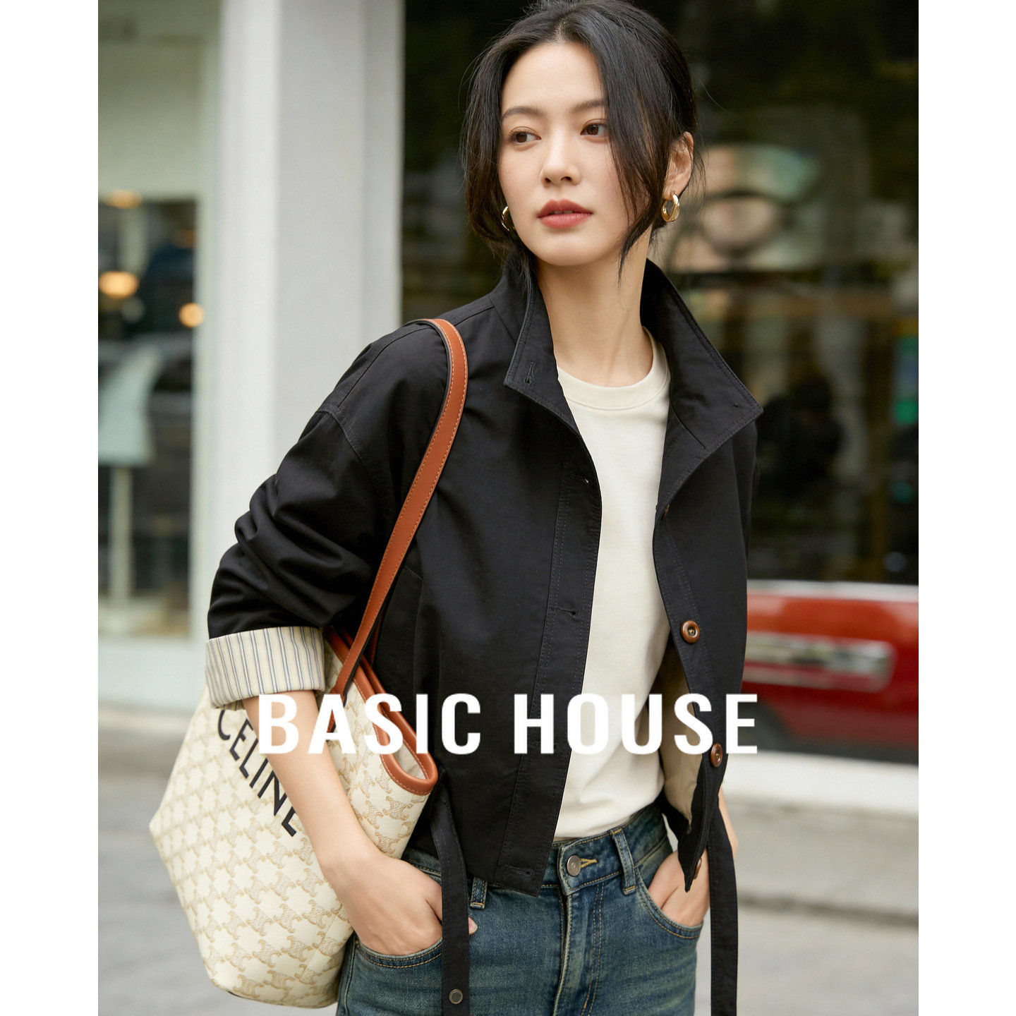 Basic House/百家好26新款小个子短款风衣黑色春季袖口拼接短外套