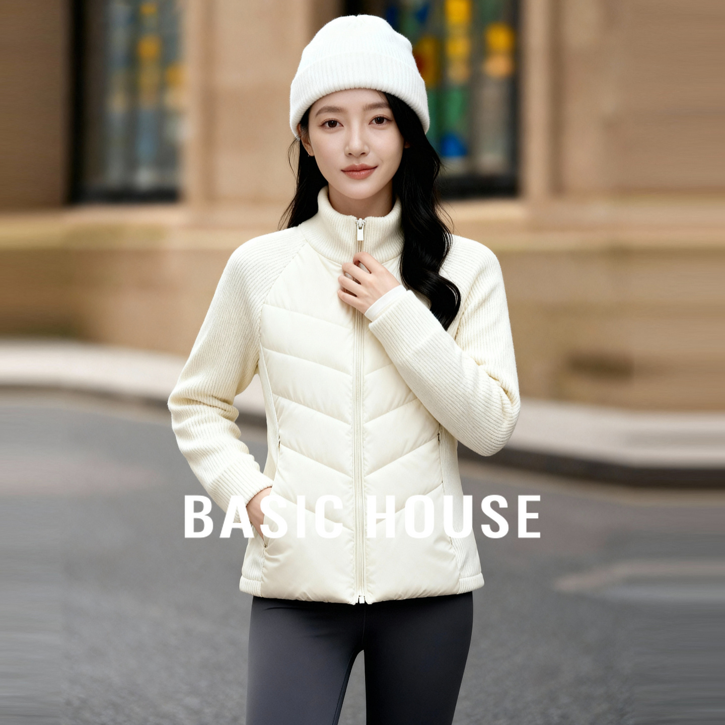 Basic House/百家好立领轻薄棉服女冬季简约保暖短款内胆修身上衣