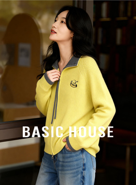 Basic House/百家好双拉链翻领卡通刺绣针织开衫女冬通勤减龄毛衣