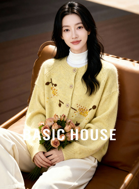 Basic House/百家好复古花朵刺绣针织开衫宽松黄色毛衣外套女士