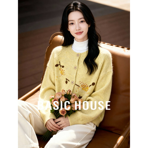 Basic House/百家好复古花朵刺绣针织开衫宽松黄色毛衣外套女士