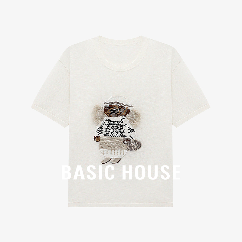 Basic House/百家好休闲百搭刺绣设计感夏季新款套头短袖针织衫女