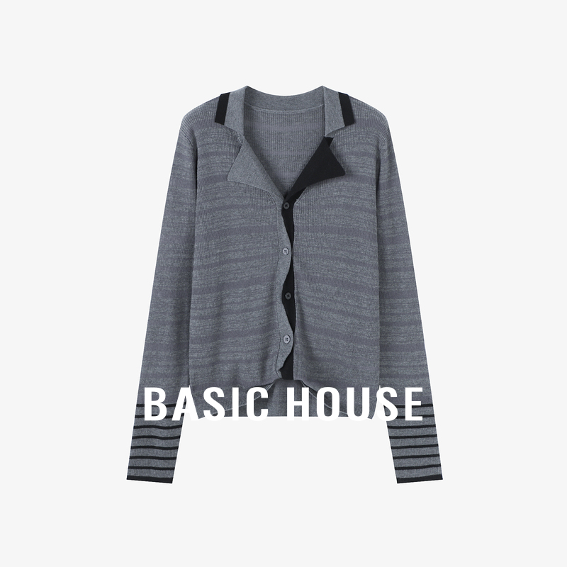 Basic House/百家好不规则撞色针织衫2024秋季新款条纹设计感上衣